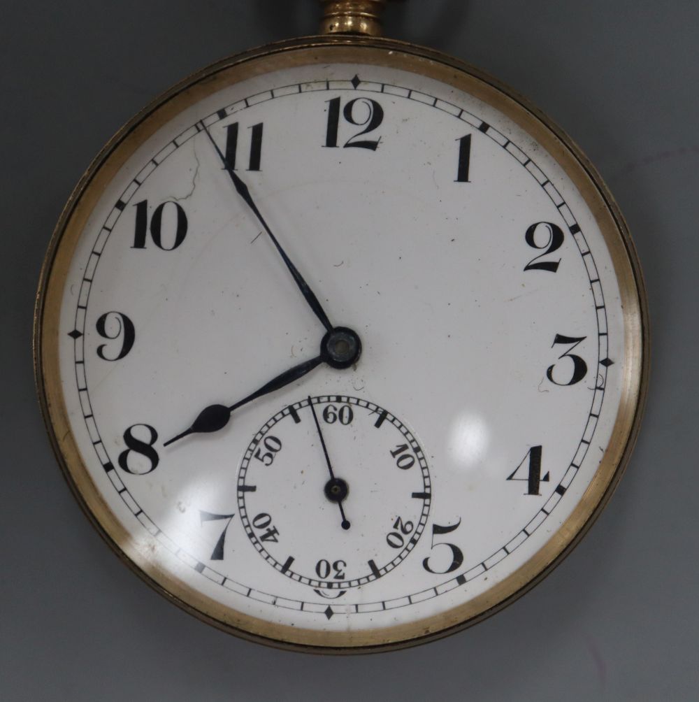 A 1920s 9ct gold open face keyless pocket watch, with Arabic dial and gilt metal cuvette, gross 66 grams,